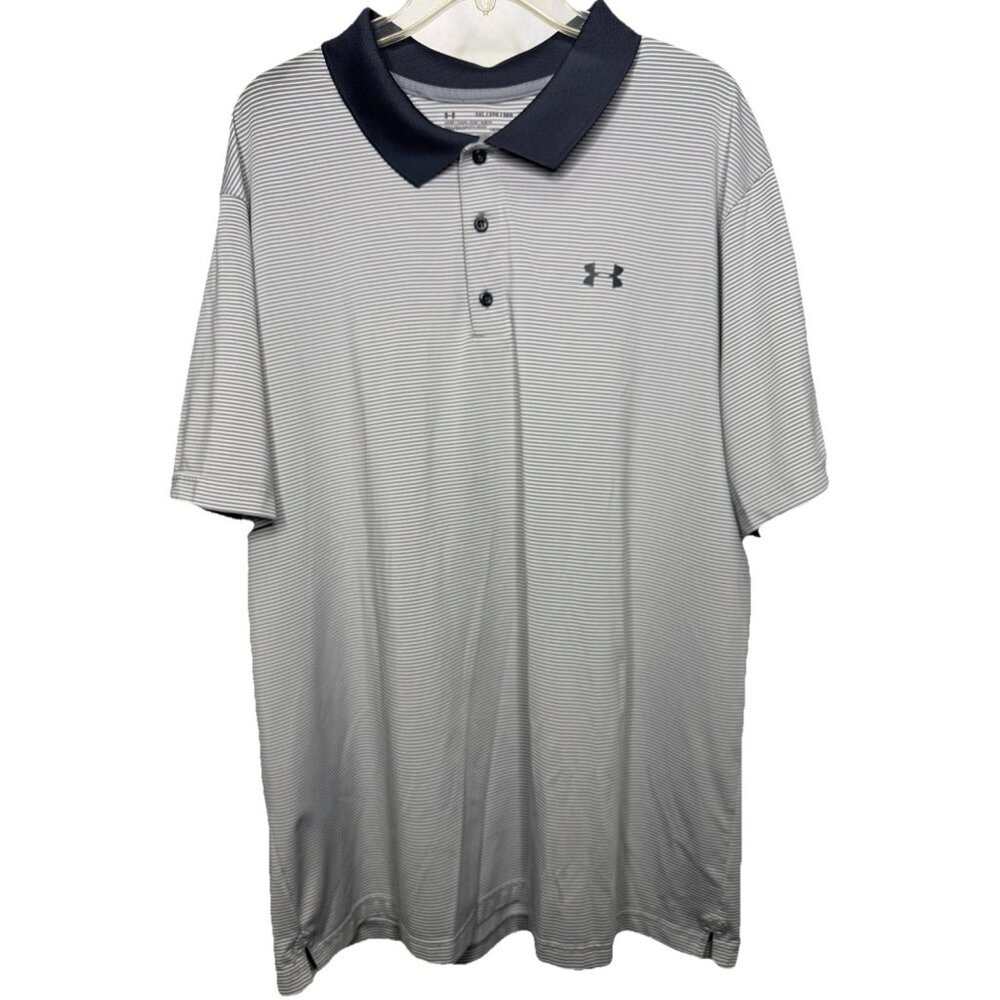 Under Armour HeatGear Polo Shirt‎ Mens 2XL Gray Striped Loose Fit Golf